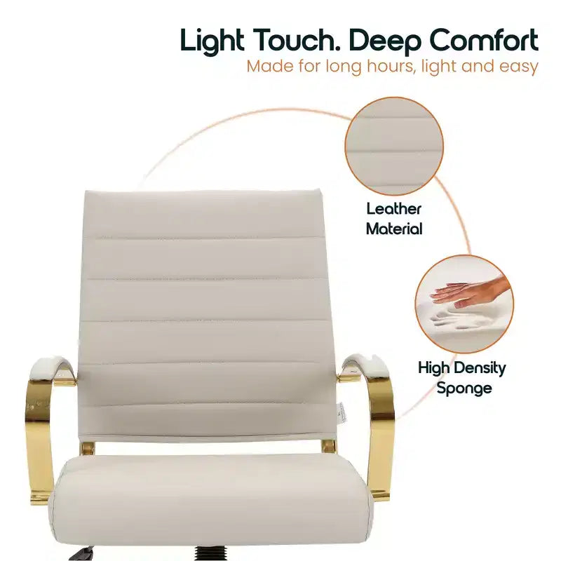 Sedia da Ufficio in Pelle LeisureMod Benmar con Dettagli Dorati, Altezza Regolabile, Base Girevole, Design Ergonomico per Ufficio Domestico, Studio o Spazio di Lavoro