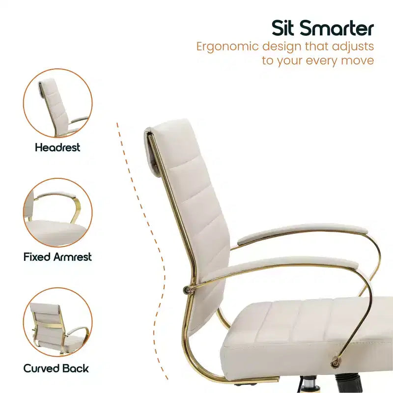 Sedia da Ufficio in Pelle LeisureMod Benmar con Dettagli Dorati, Altezza Regolabile, Base Girevole, Design Ergonomico per Ufficio Domestico, Studio o Spazio di Lavoro