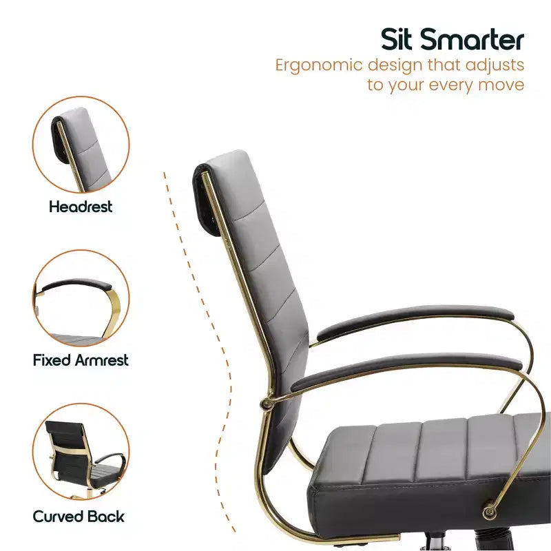 Sedia da Ufficio in Pelle LeisureMod Benmar con Dettagli Dorati, Altezza Regolabile, Base Girevole, Design Ergonomico per Ufficio Domestico, Studio o Spazio di Lavoro