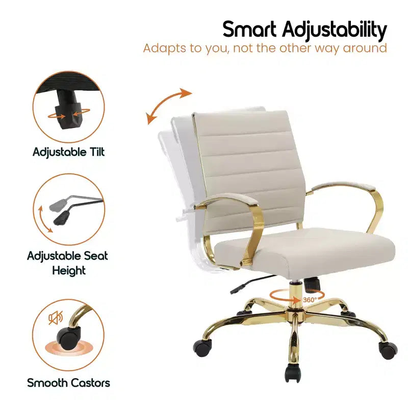 Sedia da Ufficio in Pelle LeisureMod Benmar con Dettagli Dorati, Altezza Regolabile, Base Girevole, Design Ergonomico per Ufficio Domestico, Studio o Spazio di Lavoro