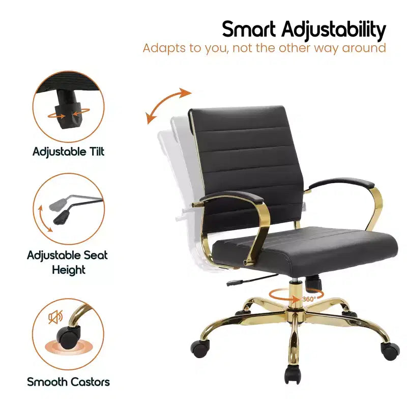 Sedia da Ufficio in Pelle LeisureMod Benmar con Dettagli Dorati, Altezza Regolabile, Base Girevole, Design Ergonomico per Ufficio Domestico, Studio o Spazio di Lavoro