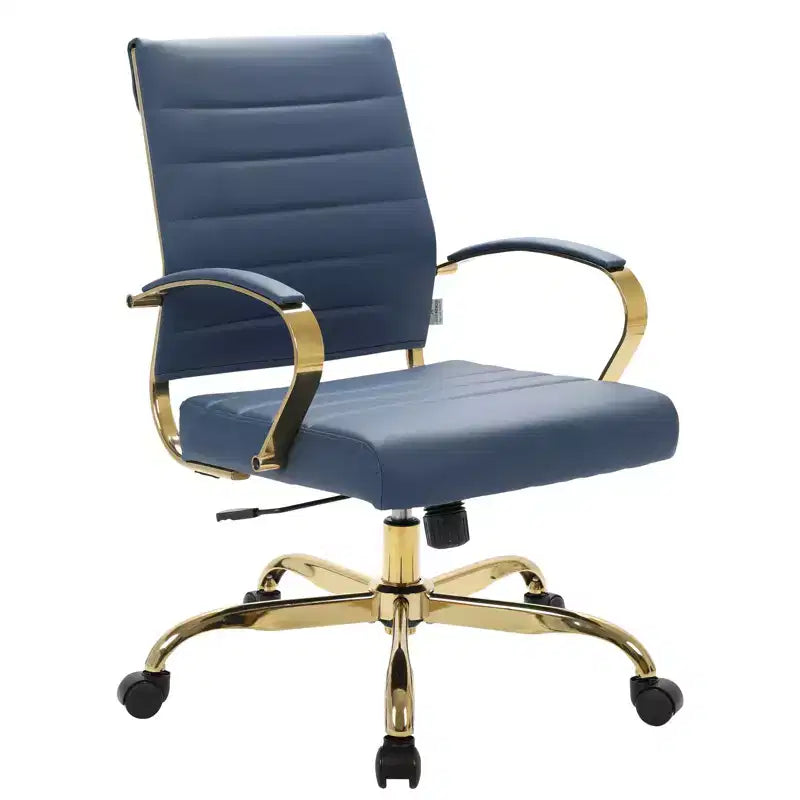 Sedia da Ufficio in Pelle LeisureMod Benmar con Dettagli Dorati, Altezza Regolabile, Base Girevole, Design Ergonomico per Ufficio Domestico, Studio o Spazio di Lavoro