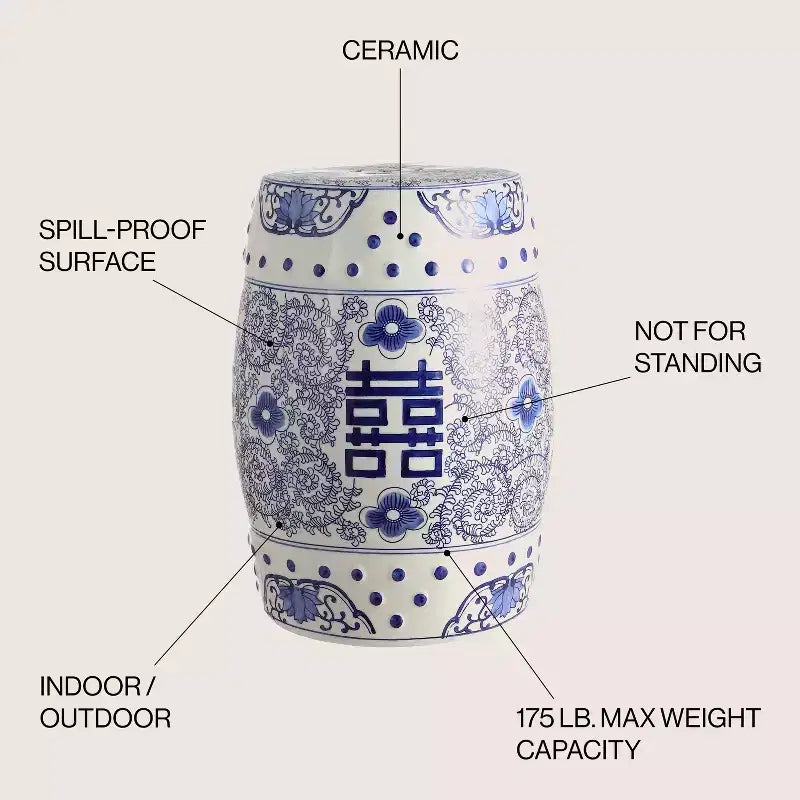 JONATHAN Y Double Happiness Sgabello da giardino/tavolino in ceramica Chinoiserie 18