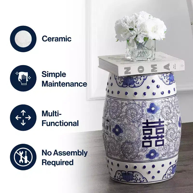 JONATHAN Y Double Happiness Sgabello da giardino/tavolino in ceramica Chinoiserie 18