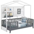 Costway Twin Size Kids House Bed with Fence Window Wooden Slats & 2 Storage Shelves