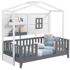 Costway Twin Size Kids House Bed with Fence Window Wooden Slats & 2 Storage Shelves
