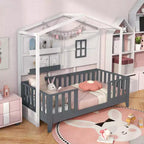 Letto per bambini a capanna Costway, dimensione singola, con finestra recintata, doghe in legno e 2 ripiani portaoggetti
