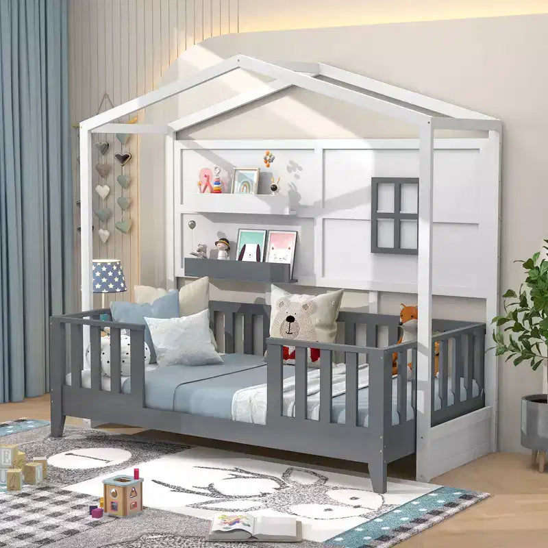 Letto per bambini a capanna Costway, dimensione singola, con finestra recintata, doghe in legno e 2 ripiani portaoggetti