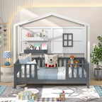 Letto per bambini a capanna Costway, dimensione singola, con finestra recintata, doghe in legno e 2 ripiani portaoggetti