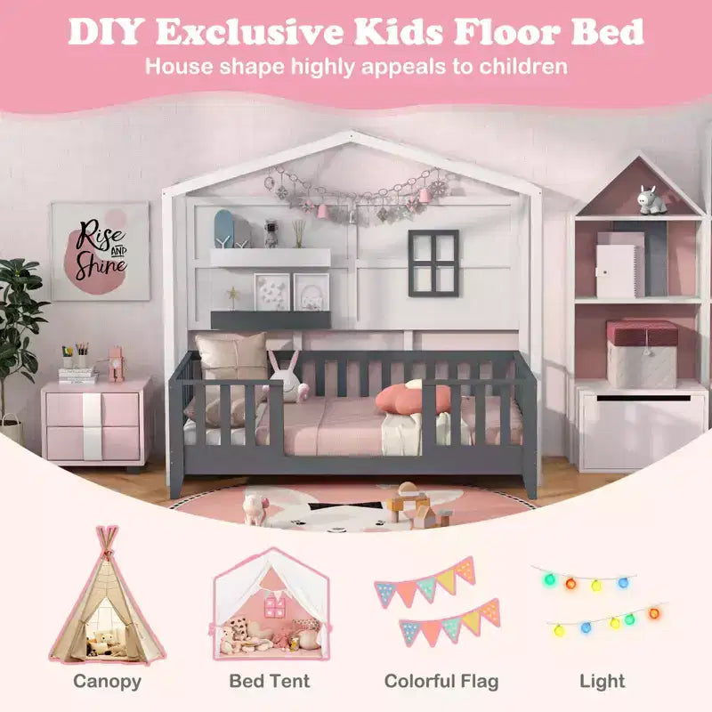Letto per bambini a capanna Costway, dimensione singola, con finestra recintata, doghe in legno e 2 ripiani portaoggetti