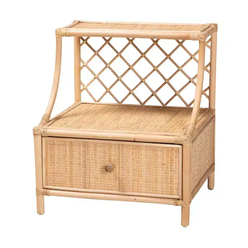 bali & pari Lalo Comodino moderno bohémien in rattan naturale marrone a 1 cassetto