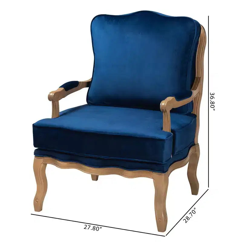 Poltrona accent Baxton Studio Jules tradizionale blu navy in tessuto e legno con finitura rovere francese marrone