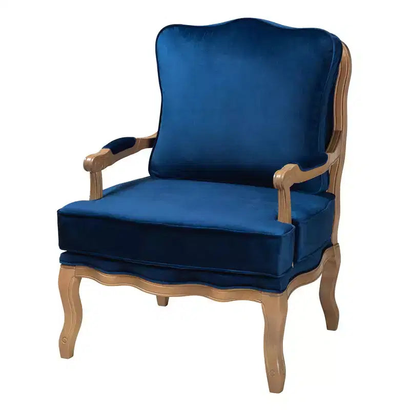 Poltrona accent Baxton Studio Jules tradizionale blu navy in tessuto e legno con finitura rovere francese marrone