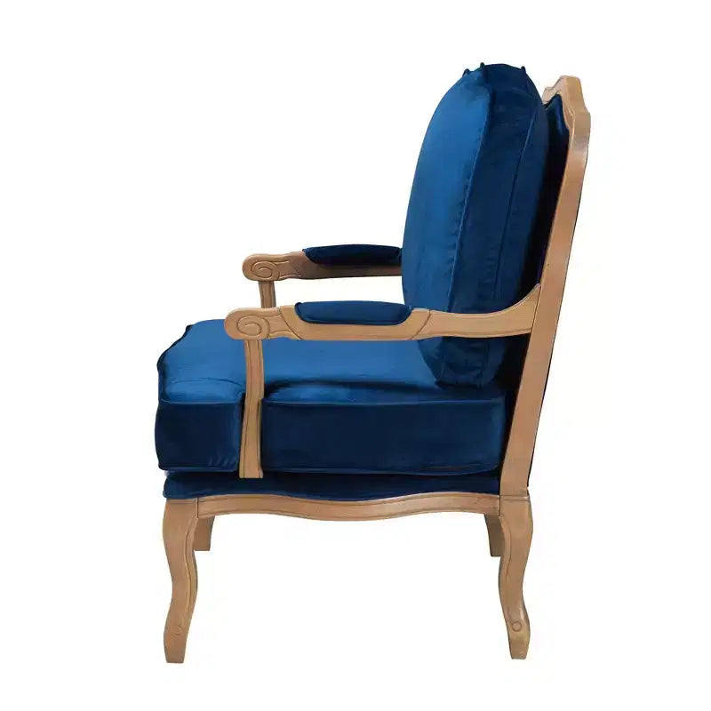 Poltrona accent Baxton Studio Jules tradizionale blu navy in tessuto e legno con finitura rovere francese marrone