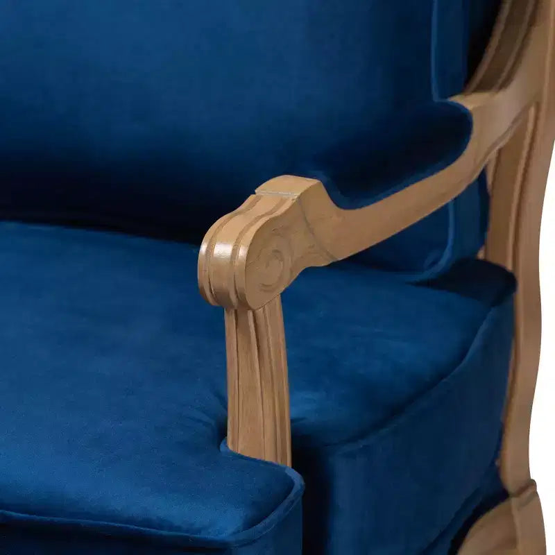 Poltrona accent Baxton Studio Jules tradizionale blu navy in tessuto e legno con finitura rovere francese marrone