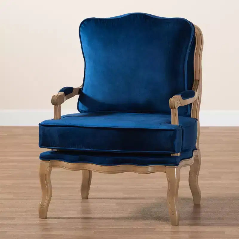 Poltrona accent Baxton Studio Jules tradizionale blu navy in tessuto e legno con finitura rovere francese marrone