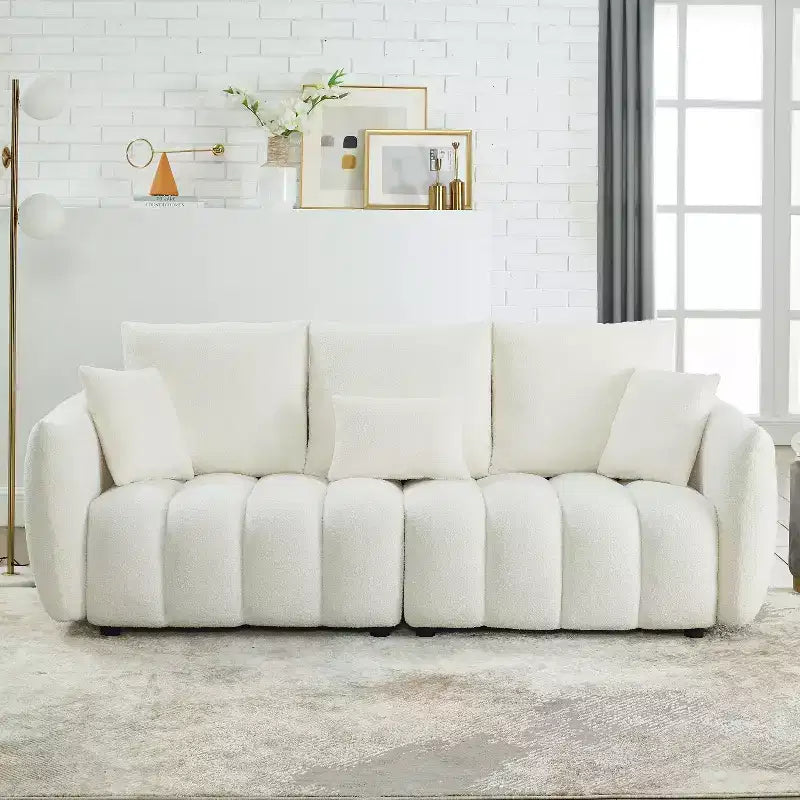 Divano Imbottito a 3 Posti, Divano in Tessuto Teddy con 3 Cuscini Schienale 4M - ModernLuxe