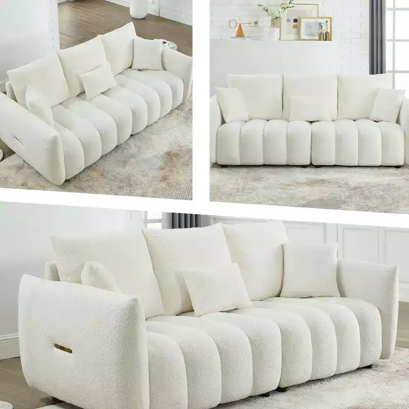Divano Imbottito a 3 Posti, Divano in Tessuto Teddy con 3 Cuscini Schienale 4M - ModernLuxe