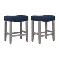 WestinTrends 24 Upholstered Saddle Seat Counter Stool (Set of 2), Antique Gray/Navy Blue