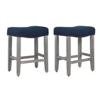 WestinTrends 24 Upholstered Saddle Seat Counter Stool (Set of 2), Antique Gray/Navy Blue
