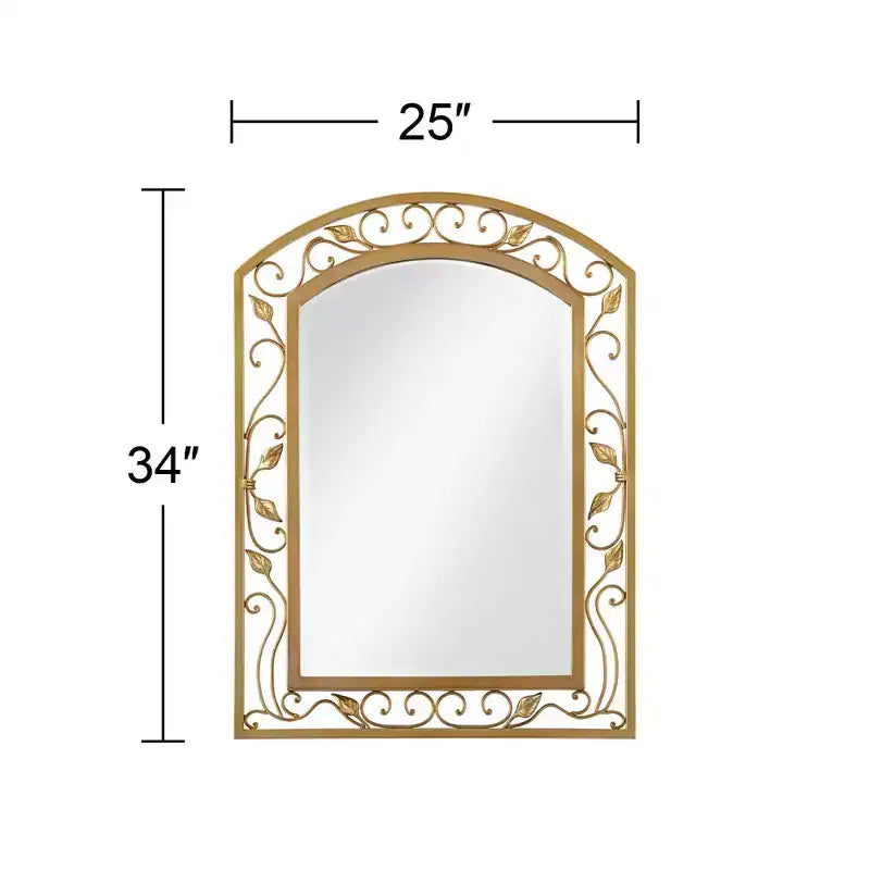 Specchio da parete Noble Park Eden Park Arch Top Vanity, vetro bisellato vintage francese, cornice in metallo dorato con motivo a vite e fiori, larghezza 25 pollici, per bagno