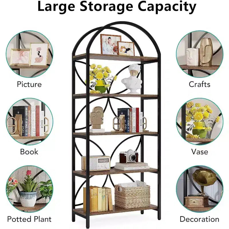 Tribesigns Libreria Aperta a 5 Ripiani, Scaffale per Libri Ad Arco da 190 cm con Telaio in Metallo