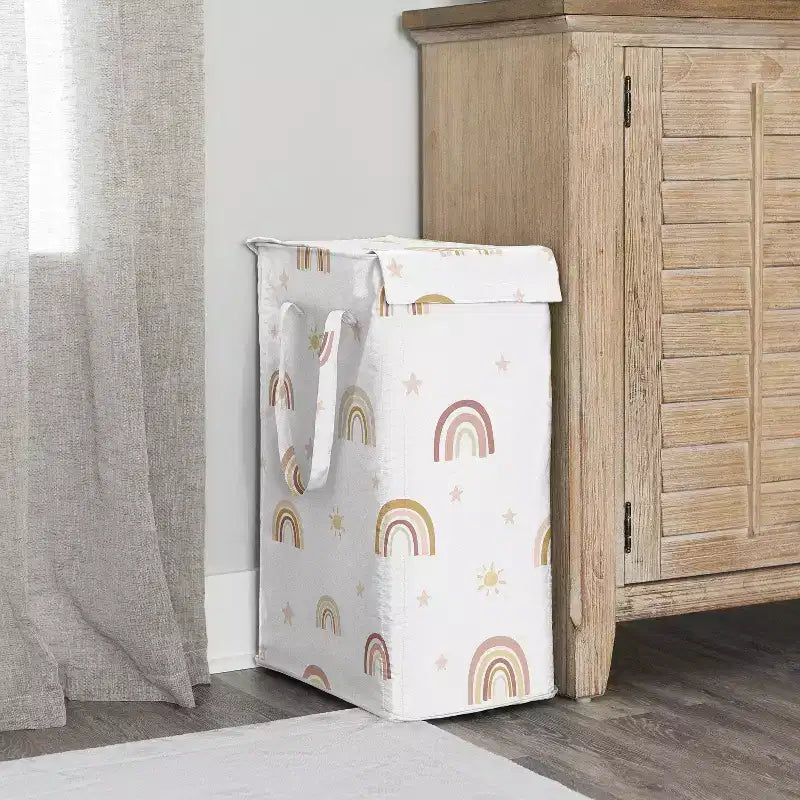 Cesto portabiancheria pieghevole Sweet Jojo Designs da ragazza con manici, motivo arcobaleno boho, rosa, giallo e beige