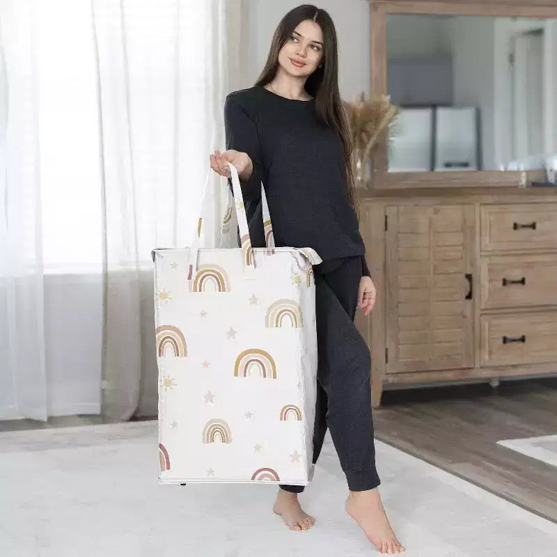 Cesto portabiancheria pieghevole Sweet Jojo Designs da ragazza con manici, motivo arcobaleno boho, rosa, giallo e beige