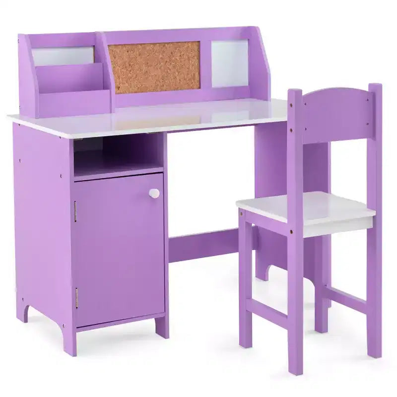 Scrivania per bambini Costway con sedia, lavagna, pennarello, cassetti, armadietto, viola/bianco