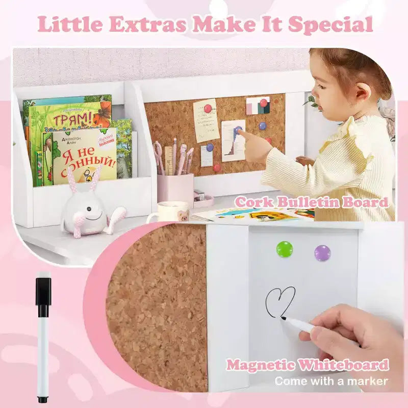 Scrivania per bambini Costway con sedia, lavagna, pennarello, cassetti, armadietto, viola/bianco