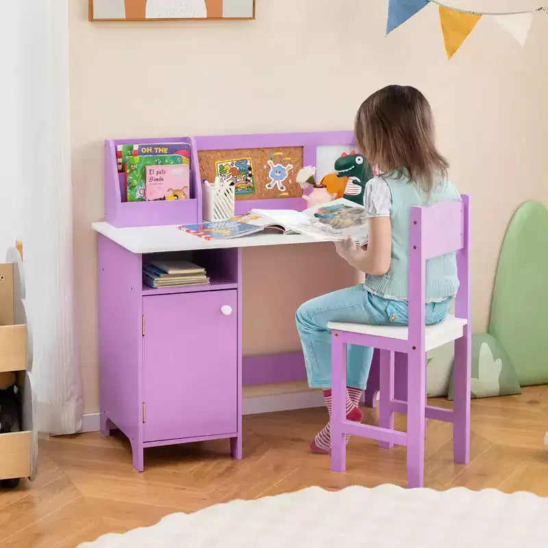 Scrivania per bambini Costway con sedia, lavagna, pennarello, cassetti, armadietto, viola/bianco