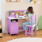 Scrivania per bambini Costway con sedia, lavagna, pennarello, cassetti, armadietto, viola/bianco