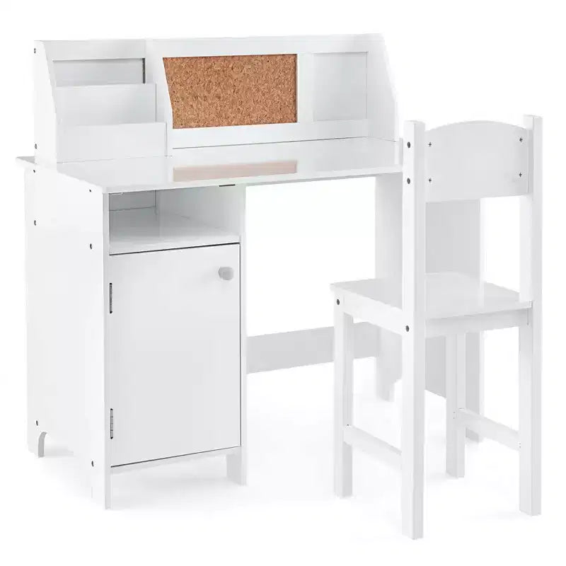 Scrivania per bambini Costway con sedia, lavagna, pennarello, cassetti, armadietto, viola/bianco