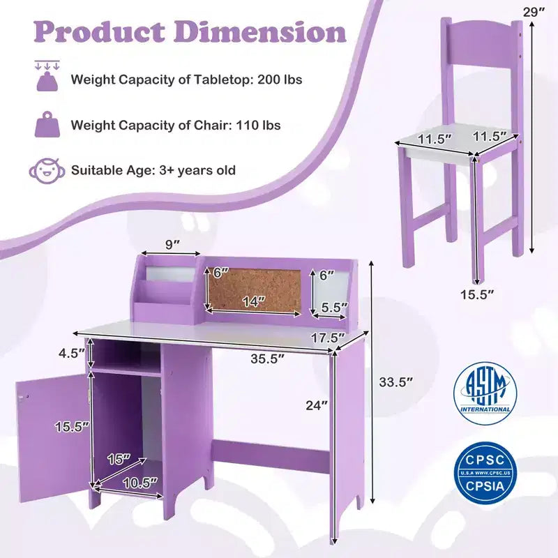 Scrivania per bambini Costway con sedia, lavagna, pennarello, cassetti, armadietto, viola/bianco