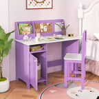Scrivania per bambini Costway con sedia, lavagna, pennarello, cassetti, armadietto, viola/bianco