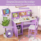 Scrivania per bambini Costway con sedia, lavagna, pennarello, cassetti, armadietto, viola/bianco