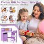 Scrivania per bambini Costway con sedia, lavagna, pennarello, cassetti, armadietto, viola/bianco