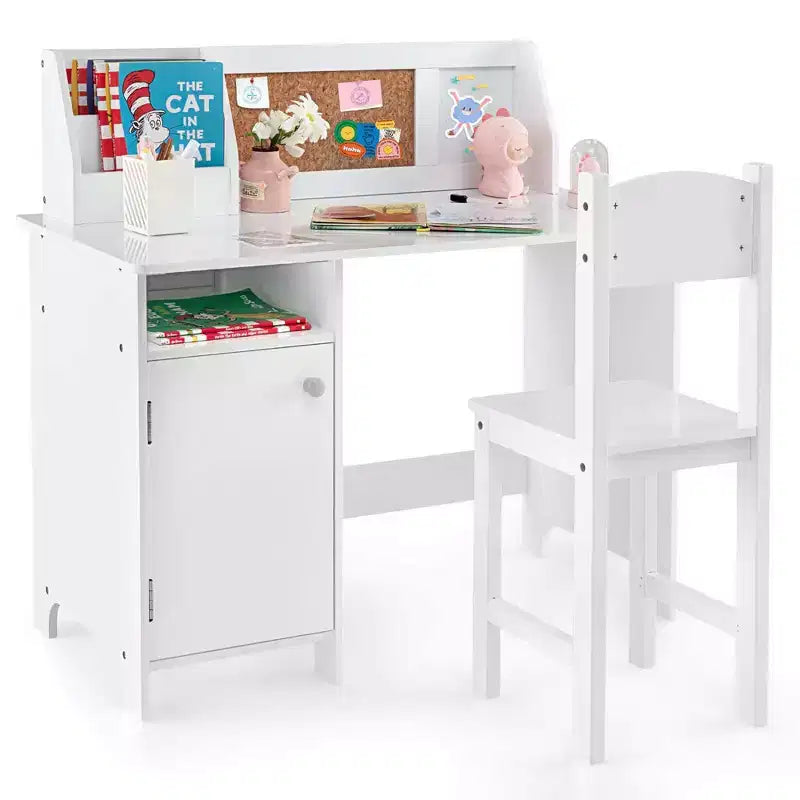 Scrivania per bambini Costway con sedia, lavagna, pennarello, cassetti, armadietto, viola/bianco