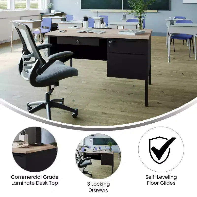 Flash Furniture Cambridge Scrivania a piedistallo singolo di grado commerciale con cassetti con serratura e struttura in metallo