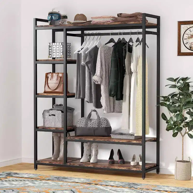 Lantine Armadio Organizzatore Autoportante, Armadio Appendiabiti Resistente, Guardaroba Portatile con 6 Ripiani e Asta Appendiabiti