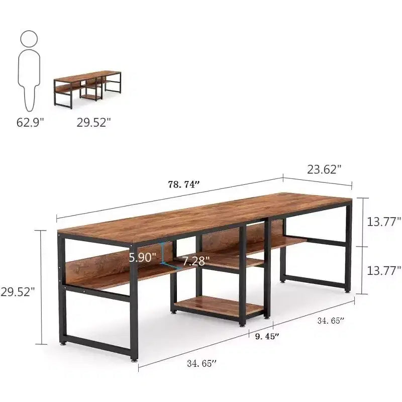 Lantine Scrivania Doppia con Libreria, Scrivania Doppia da Ufficio per Computer da 200 cm per Due Persone, Scrivania da Lavoro con Ripiano per Ufficio Domestico