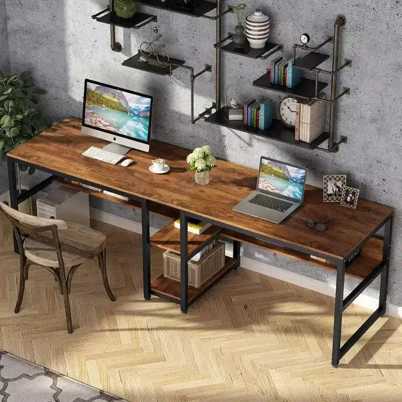 Lantine Scrivania Doppia con Libreria, Scrivania Doppia da Ufficio per Computer da 200 cm per Due Persone, Scrivania da Lavoro con Ripiano per Ufficio Domestico