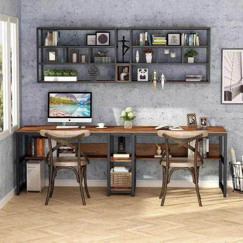 Lantine Scrivania Doppia con Libreria, Scrivania Doppia da Ufficio per Computer da 200 cm per Due Persone, Scrivania da Lavoro con Ripiano per Ufficio Domestico
