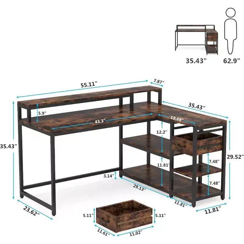 Scrivania angolare reversibile a L Lantine con cassetto, tavolo angolare con ripiani portaoggetti e supporto per monitor per ufficio domestico