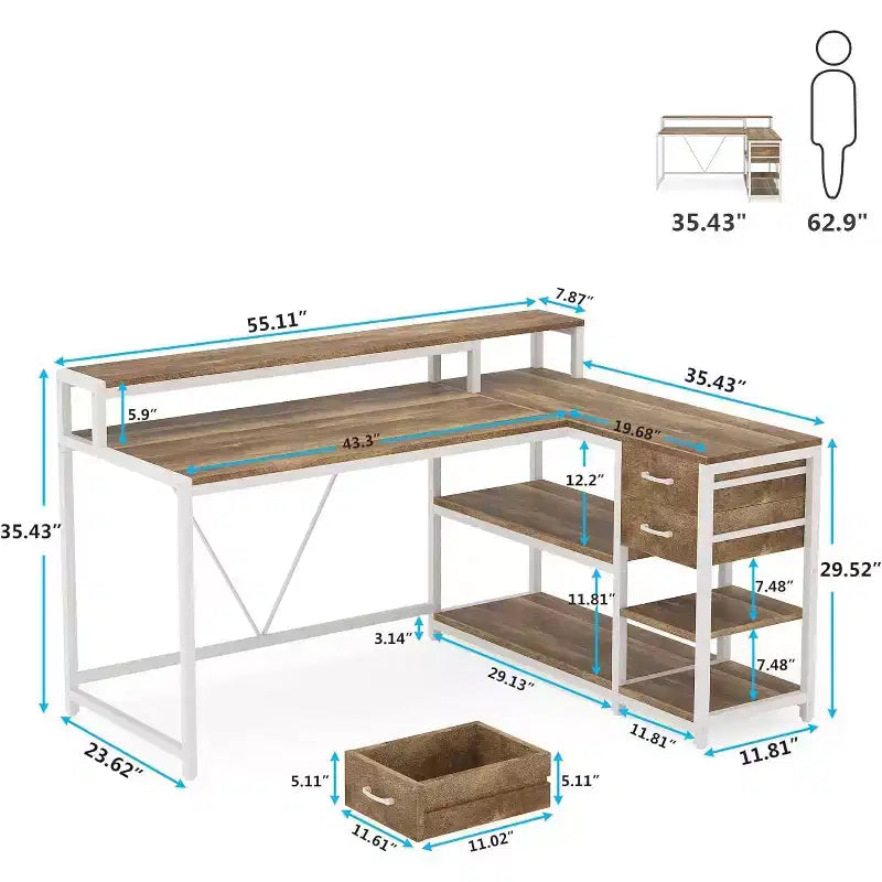 Scrivania angolare reversibile a L Lantine con cassetto, tavolo angolare con ripiani portaoggetti e supporto per monitor per ufficio domestico