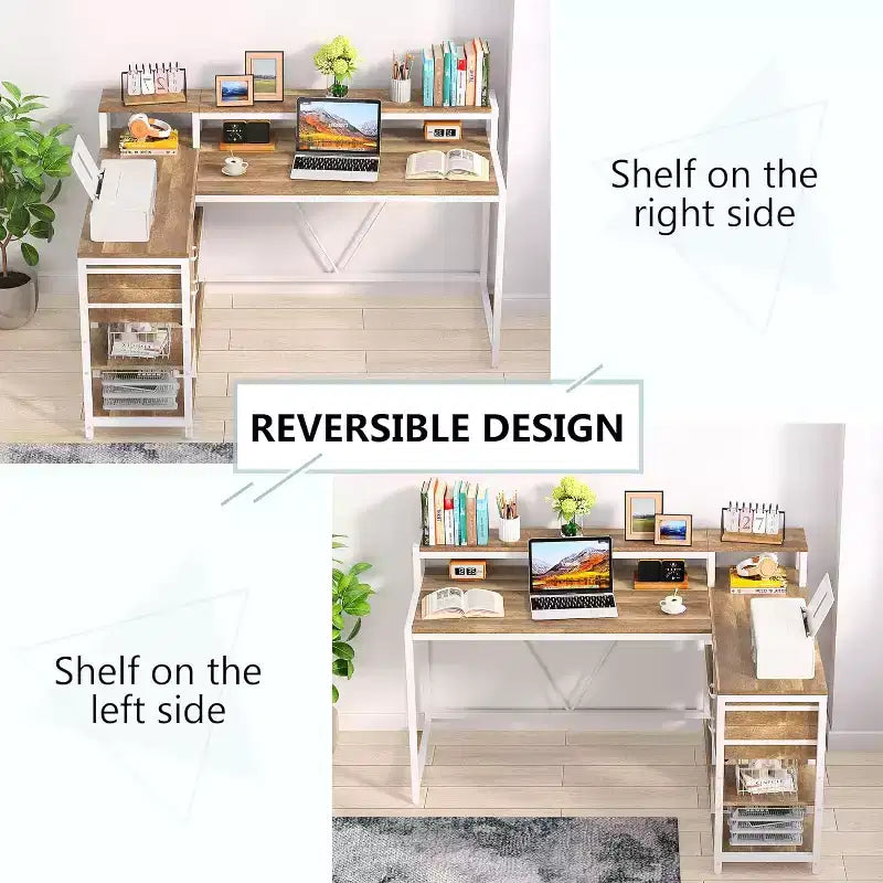 Scrivania angolare reversibile a L Lantine con cassetto, tavolo angolare con ripiani portaoggetti e supporto per monitor per ufficio domestico