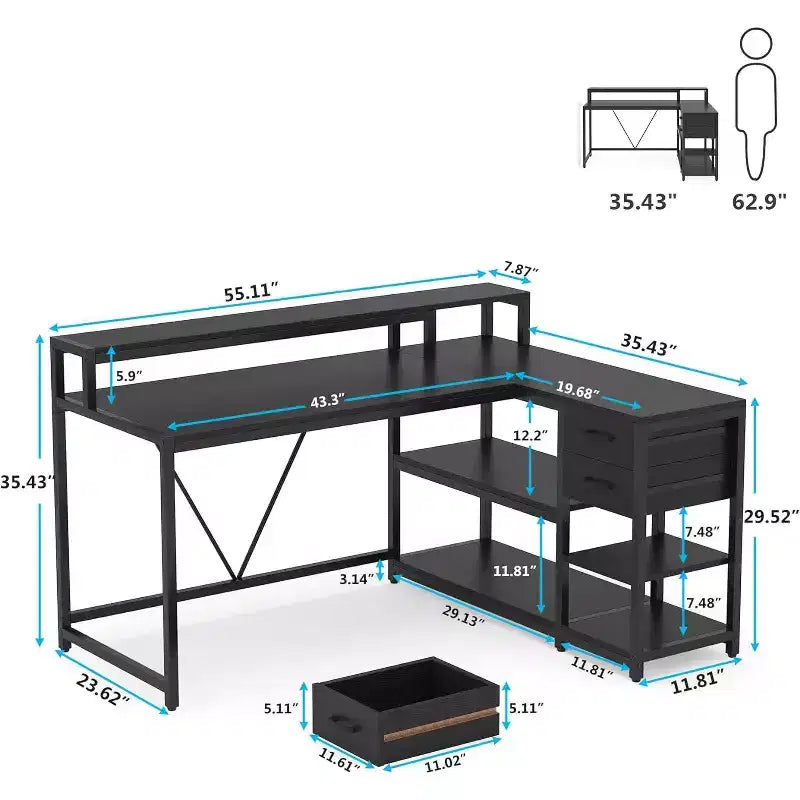 Scrivania angolare reversibile a L Lantine con cassetto, tavolo angolare con ripiani portaoggetti e supporto per monitor per ufficio domestico