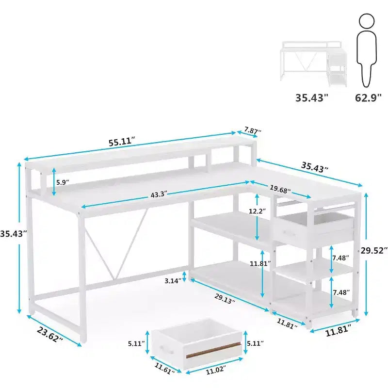 Scrivania angolare reversibile a L Lantine con cassetto, tavolo angolare con ripiani portaoggetti e supporto per monitor per ufficio domestico