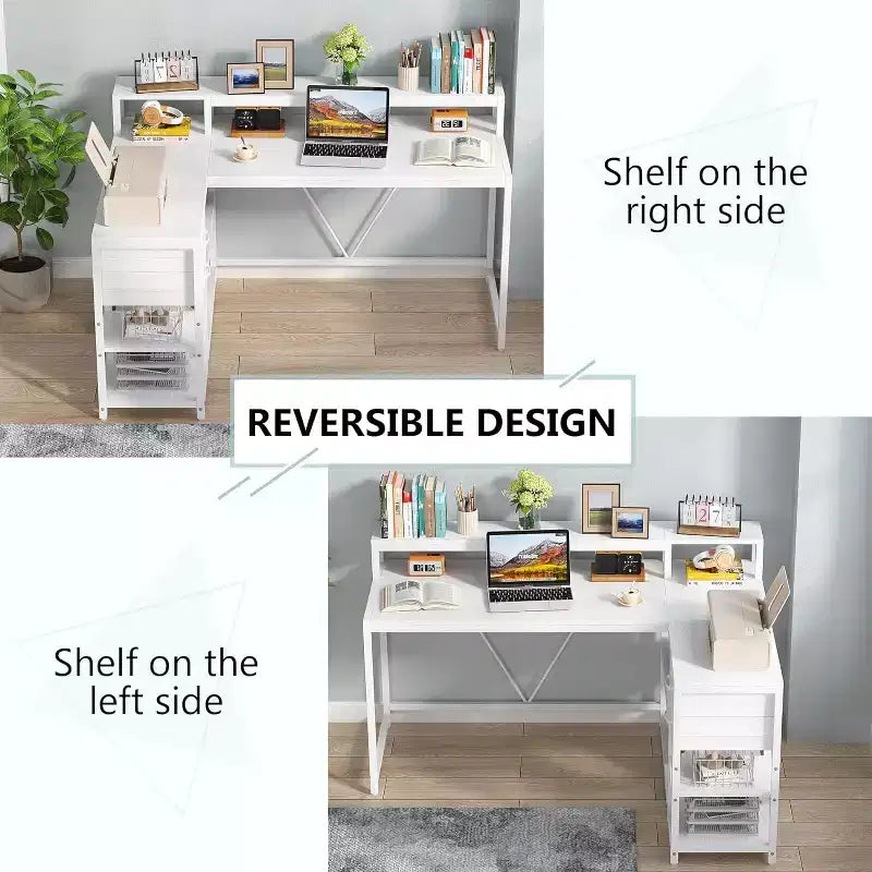 Scrivania angolare reversibile a L Lantine con cassetto, tavolo angolare con ripiani portaoggetti e supporto per monitor per ufficio domestico