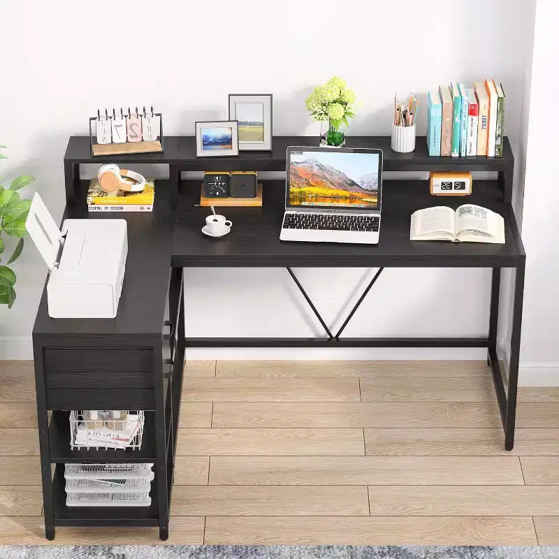 Scrivania angolare reversibile a L Lantine con cassetto, tavolo angolare con ripiani portaoggetti e supporto per monitor per ufficio domestico